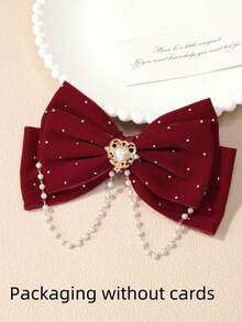 1pc Girls Fashionable Crystal And Pearl Embellished Bow Decorated Hair Clip, No Card Packaging - Burgundy - View 5