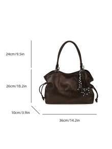 low tea 1pc Fashion PU Fabric Shoulder Tote Bag Suitable For Commuting, Shopping, Etc. (With Pendant) - Coffee - View 3