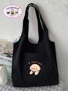 1pc Beige Many Animal Families English Print Women's Canvas Tote Bag Vest Shopping Bag - Black - View 1