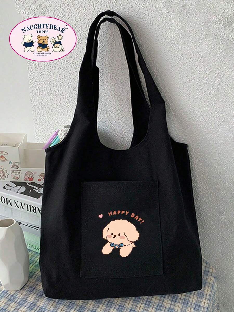 1pc Beige Many Animal Families English Print Women's Canvas Tote Bag Vest Shopping Bag - Black - View 1
