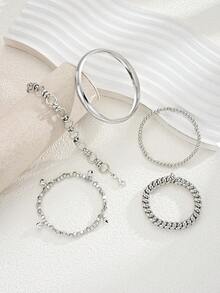 5pcs Simple Fashion Minimalist Asymmetrical Beaded Heart Bracelet Set For Women, Sisters, Vacation, Date, Gift, Daily Casual, Party, Wedding - Silver - View 4