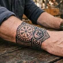 1 Sheets Viking Bear Compass Temporary Tattoo Stickers, Nordic Rune Celtic Knot Wrist Band Fake Tattoo, Waterproof Black Arm Body Art Temporary Tattoos For Men - Black - View 3