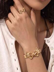 1 Set Fashionable Chic Gold Bow Bracelet & Ring Jewelry Set, Suitable For Women's Daily Wear And Party Gift Accessory - Gold - View 3