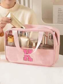 1pc Pink PU Leather Transparent Toiletry Bag, Portable Chenille Letter Storage Bag With Embroidered Letters, Makeup Bag, Wash Bag, Travel Bag, Bathroom Accessory, Suitable For Home, Outdoor, Daily Use. - Multicolor - View 5