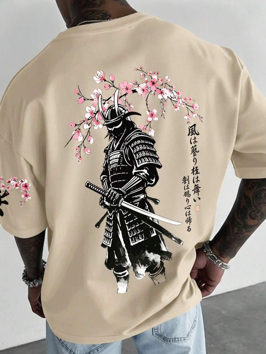 男士夏季時尚日式櫻花武士印花圓領短袖T恤 - 杏色 - 查看 1