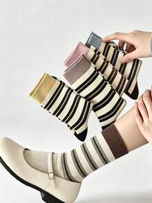 1/5 Pairs Vintage Striped Colorblock Mid-Calf Women's Socks, Soft Skin-Friendly Slouch Socks, Multi-Color Options, Preppy Style For Commute And Daily Wear, Matching Canvas Shoes And Mary Jane Shoes - Multicolor - View 4