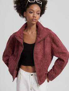 Se-Helo Women's Autumn/Winter Burgundy Turn-Down Collar Zipper Dropped Shoulder Ribbed Hem Loose Short Jacket - Burgundy - View 3