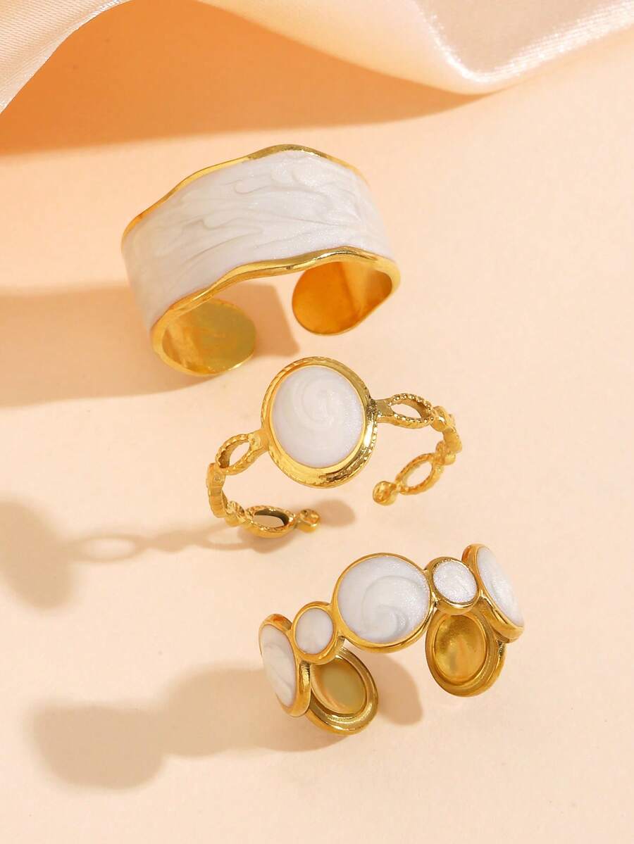 3pcs 18k Gold Plated Stainless Steel Geometric White Oil Drop Open Ring, Minimalist Fashion. Suitable For Women's Daily Wear. - White - View 1