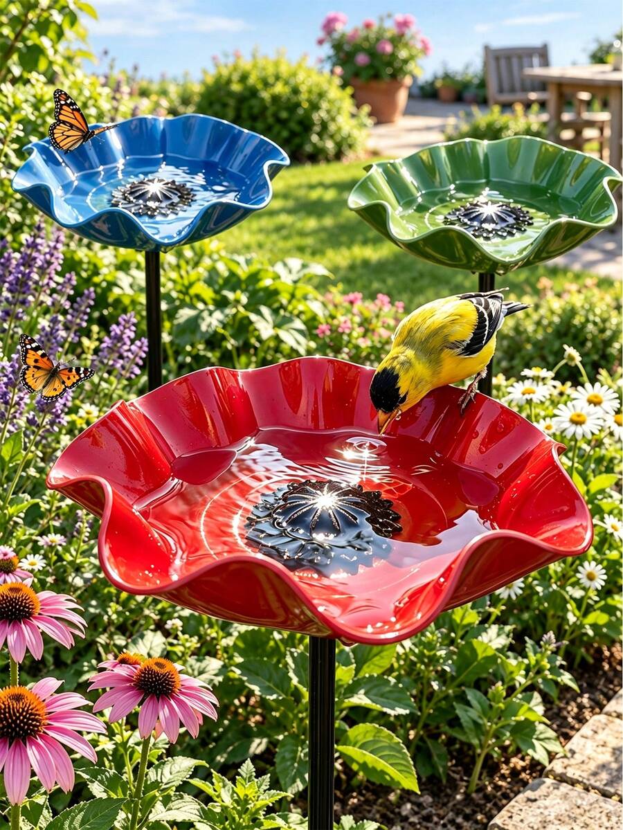 1件裝花園鳥浴盆插樁，蝴蝶與蜜蜂造型飲水器，戶外花園裝飾，適用於花床、草坪、露台與盆栽