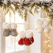3pcs Christmas Knitted Mini Boots Hanging Ornaments, Plush Trim Bell Decor Pendant, Christmas Tree Hanging Decoration, Home Window Holiday Scene Decor Props - Multicolor - View 3
