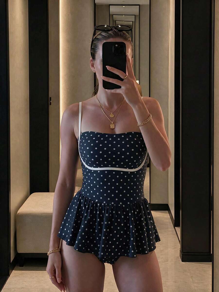 新款性感夏季條紋高彈力休閒海灘度假約會派對女款一件式細肩帶泳衣 - 彩色 - 查看 1
