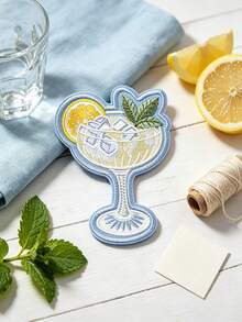 1pc Lemon With Ice Cocktail Pattern Iron-On Patch, Embroidered Nautical Style Coastal Gift, College Style Nautical Jacket Patch - Wine Glass - View 3