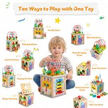 Wooden Multifunctional Activity Cube, 10-In-1 Montessori Toy Set, Bead Clock Shape Matching Abacus Gears Xylophone With Storage Box - Wood - View 4