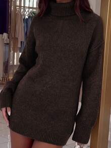 Unadoll Women's Brown High Neck Knitted Sweater, Elegant Basic Style, Suitable For Back To School Season And Daily Wear - Brown - View 3
