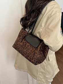 Women's Vintage Leopard Print One Shoulder Tote Bag, Retro Colorblock Faux Leather Flap Bohemian Style Handbag, Soft Lightweight Fabric Underarm Bag - Multicolor - View 3