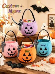 Personalized Plush Pumpkin Halloween Trick Or Treat Bucket, Customized Name Halloween Candy Tote Bag, Portable Handbag, Multi-Purpose Storage Bag, Suitable For Cosmetics, Stationery, Picnic, Travel, Halloween Home Decor Gift Bag - Multicolor - View 8