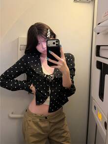 Korean Style Polka Dot V-Neck Tie-Front Short Cardigan Jacket, Women's Early Autumn New Knit Top - Black - View 1