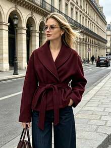 Women's Elegant Autumn/Winter Coat, Burgundy Wool Blend With Lapel, Belt And Pockets, Suitable For Daily Commute And Holiday Wear - Burgundy - View 2