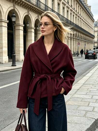 Women's Elegant Autumn/Winter Coat, Burgundy Wool Blend With Lapel, Belt And Pockets, Suitable For Daily Commute And Holiday Wear