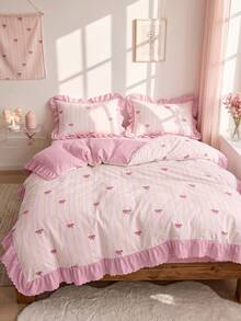 Set Sarung Selimut Ruffle 2/3 pcs, Perlengkapan Tempat Tidur Asrama, Set Perlengkapan Tempat Tidur Bergaris dengan Pita, Dekorasi Kamar Nyaman, Ramah Kulit dan Bernapas, Sangat Lembut dan Anti-Pilling, Tanpa Isian Selimut, Cocok untuk Tempat Tidur Ukuran Single/Double/Queen/King, Sepanjang Musim, Dapat Dicuci dengan Mesin, Kembali ke Sekolah - MultiWarna - View 5