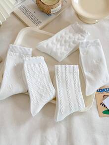4 Pairs Women's Solid Color Ruffle Trim Cable Knit Printed Mid-Calf Socks, Soft And Comfortable, Suitable For All Seasons, Random Color - White - View 5