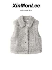 Veste sans manches style coréen paresseux col revers en laine d'agneau pour femmes automne/hiver gilet court en polaire jeune élégant voyage décontracté vacances - Gris - Voir 1