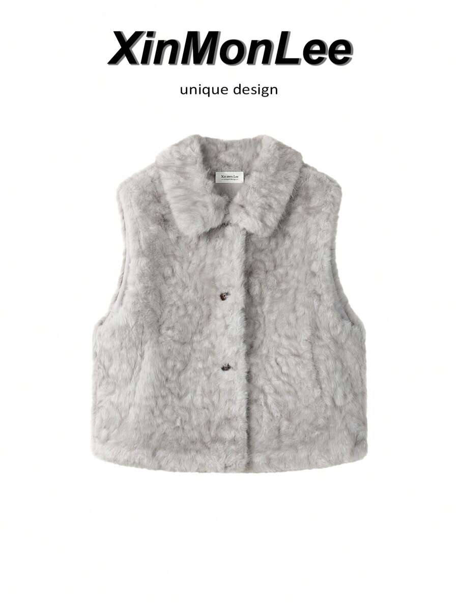 Veste sans manches style coréen paresseux col revers en laine d'agneau pour femmes automne/hiver gilet court en polaire jeune élégant voyage décontracté vacances - Gris - Voir 1