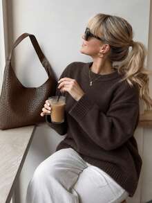 Women's Round Neck Dropped Shoulder Knit Sweater, Loose Fit Solid Color Basic Pullover, Vintage Style, Suitable For Commute, Campus, Daily Occasions - Coffee Brown - View 1