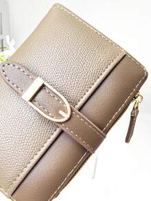 New Patchwork PU Leather Short Women's Wallet, Premium Bifold Card Holder, Minimalist Coin Purse With Ribbon Strap - Camel - View 4