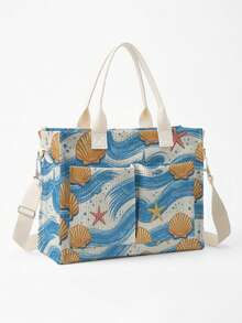 1pc Starfish And Seashells Print Corduroy Multi-Pocket Large Capacity Storage, Snap Button Closure, Shoulder Tote Bag For Student Daily Commute School - Multicolor - View 6