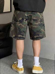 男士夏季迷彩圖案口袋寬鬆休閒無彈力純棉牛仔短褲 - 軍綠色 - 查看 3