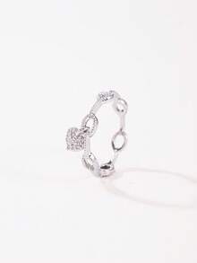 1Pc Gold Color Copper Inlaid CZ Ring, Chain Link Band With Paved Heart Charm Ring For Women Daily Dating Party Jewelry Gift - Multicolor - View 4