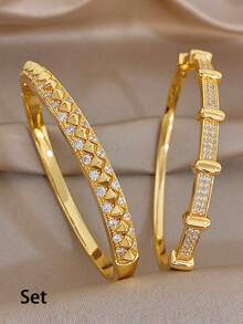 1Pc/Set Elegant Gold Plated Rectangular Shiny Zirconia Stack Bangle Bracelet Set,Gold Jewelry For Women,Daily,Party,Wedding,Valentine Gifts,Christmas - Multicolor - View 10
