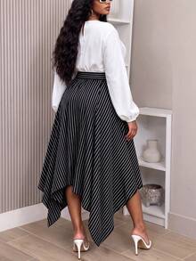 Women's Plus Size Patchwork Striped Round Neck Long Sleeve Asymmetric Hem Casual Dress - Multicolor - View 3