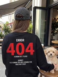 Women's Funny "Error 404 Human Not Found" Print Pullover Sweatshirt, Autumn Fashion Long Sleeve Crew Neck Knit Top - Black - View 2