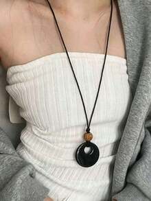 1pc Vintage Black Leather Cord Long Round Pendant Necklace, Suitable For Women's Daily Wear, Beach Vacation Accessory, Autumn/Winter Accessory, Holiday Gift - Black Geometric Long Necklace - View 7