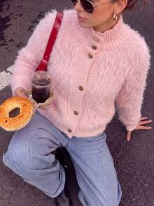 Pink Stand Collar Fuzzy Knit Cardigan, Loose Fit Gold Button Sweater, Suitable For Autumn Weekend Gatherings And Halloween Sweet Fashion Looks - Pink - View 2