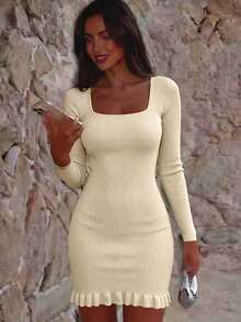 FOR BEAUTY Fall Winter Women Sweaters Casual Vacation Y2K Apricot Square Neck Long Sleeve Ruffle Hem Slim Fit Bodycon Knit Sweater Dress - Cocoa Apricot - View 3