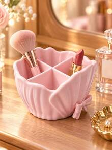 Bowknot Ruffle Shell Design 4-Slot Toothbrush Holder, Bathroom Countertop Toothpaste Makeup Brush Storage Rack, Multi-Functional 3D Printed Desktop Small Item Sorting Storage Basket, Home Use - Multicolor - View 1