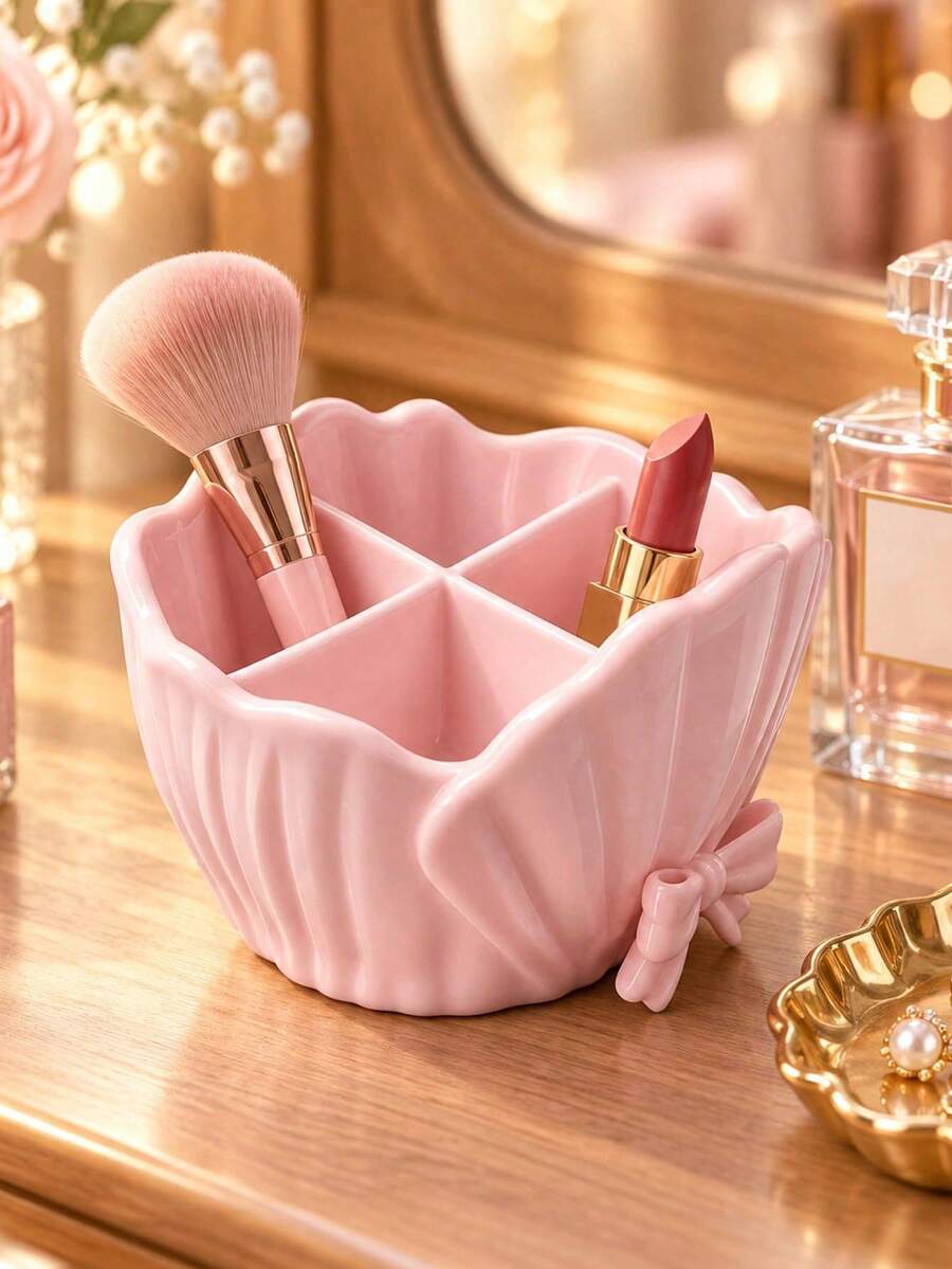Bowknot Ruffle Shell Design 4-Slot Toothbrush Holder, Bathroom Countertop Toothpaste Makeup Brush Storage Rack, Multi-Functional 3D Printed Desktop Small Item Sorting Storage Basket, Home Use - Multicolor - View 1