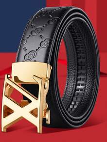 Men Black Embossed Ratchet Belt, Hollow X Shaped Metal Buckle, Classic Pattern Strap For Formal & Daily Outfits - Multicolor - View 2