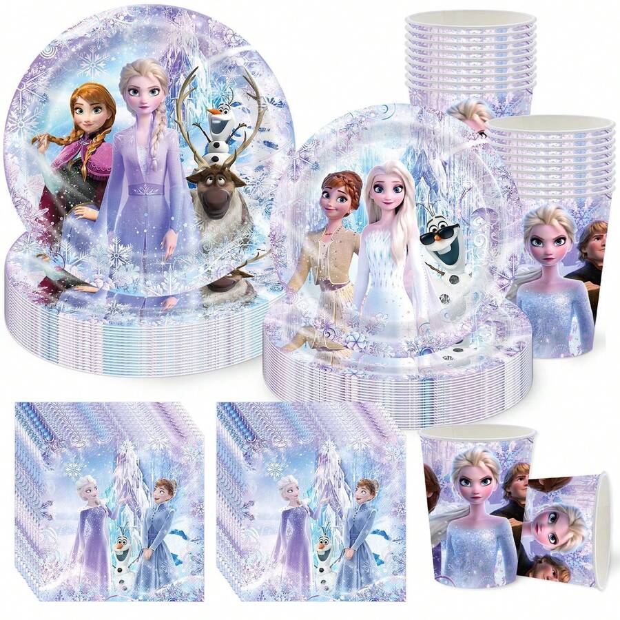 Disney Ice & Snow Theme Party Tableware Set, Disposable Paper Plates, Cups, Napkins, Winter Ice & Snow Party Decorations, Suitable For Celebrations And Gatherings - Multicolor - View 1