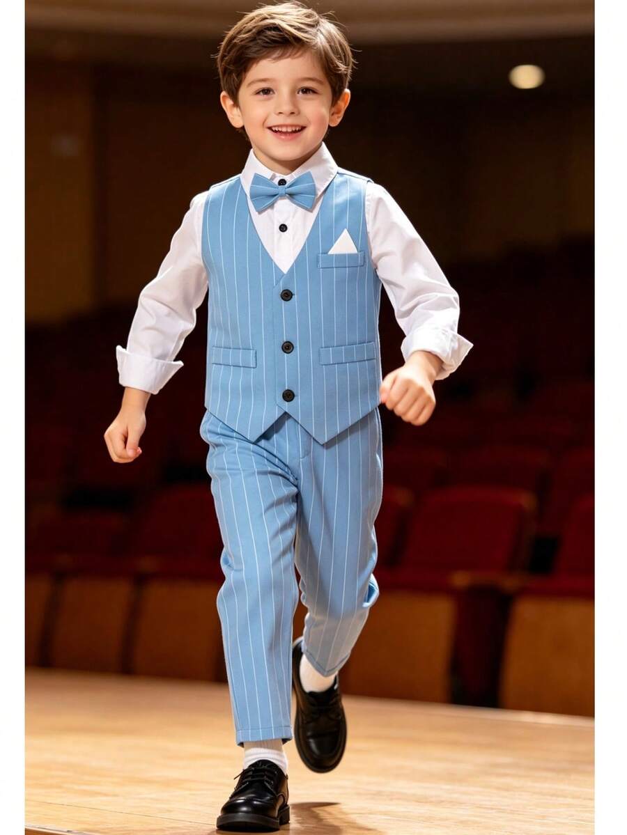 Young Boy 4-Piece Set 2-9 Years Old Boys Gentleman Formal Suit Outfit Long Sleeve Shirt + Striped Vest + Pants + Bow Tie Boys Formal Wear Halloween Christmas Costume Suitable For Ring Bearer Wedding School Events Dance Party Banquet