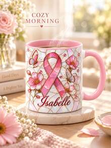 Custom Name Pearl Mosaic Ribbon Mug, Personalized Butterfly Floral Coffee Cup, Breast Cancer Awareness Gift, Breast Cancer Design, Warrior - Multicolor - View 4