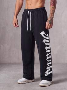MAISONFOX Men's Letter Print Drawstring Waist Straight Leg Long Casual Pants, Suitable For Outings, Electronic Music Parties, Back To School, Sports, Fitness, Autumn Wear - Black - View 6