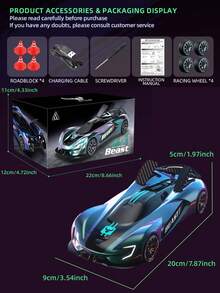1:16 RC Supercar Toy With Colorful LED Lights, Rechargeable High-Speed Remote Control Racing Car, Drift Sports Car With Handle Controller, Spare Wheels, Traffic Cones, DIY Track Accessories, Indoor/Outdoor Kids Gift - Multicolor - View 3