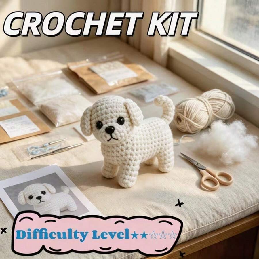 Kit Pemula Anak Anjing Putih Krem (Cocok Untuk Dewasa) | Hadiah Buatan Tangan DIY Mudah untuk Dewasa | Termasuk Tutorial Bergambar Langkah demi Langkah | Dengan Diagram Sederhana, Benang Ultra Lembut (30% Ekstra), Jarum Rajut dan Aksesoris | Kit Bahan Rajut Boneka Hewan Lucu | Desain Menarik - C-Setelan multiwarna - View 1