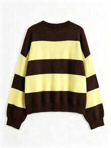 Plus Size Women's Vintage Contrast Color Striped Ribbed Knit Sweater, Half-Button Round Neck Drop Shoulder Long Sleeve Pullover, Elegant Fashion Holiday Party Outfit - Brown - View 8
