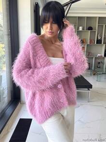 Senya 2026 Women's Pink Fluffy Knit Cardigan, Loose V-Neck Button Front Sweater, Plush Luxury, Sweet And Cute, Suitable For Autumn/Winter Wear, Fashionable And Versatile - Pink - View 2
