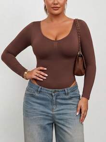 3pcs Plus Size Women Seamless Sculpting Bodysuit Tummy Control Long Sleeve Scoop Neck Base Layer Top Fall Winter - Multicolor - View 6